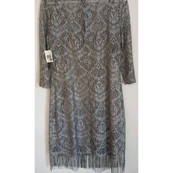 JACKIE JON NEW YORK SILVER LACE FRINGE LINED SHEER  PARTY DRESS W SZ 12 - Picture 9 of 16